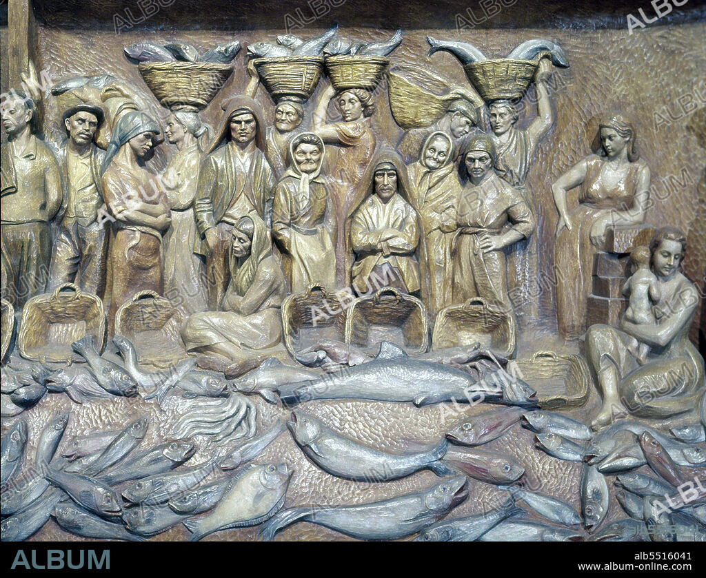 SEBASTIAN MIRANDA. MIRANDA , SEBASTIAN. ESCULTOR ESPAÑOL . OVIEDO 1885 - 1975. " EL RETABLO DEL MAR " DETALLE. TALLA EN MADERA.