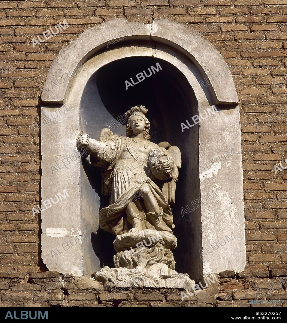 Saint Michael Archangel. Statue. Facade of the Church of Saint Michael the Archangel. Rincon del Soto, La Rioja, Spain.