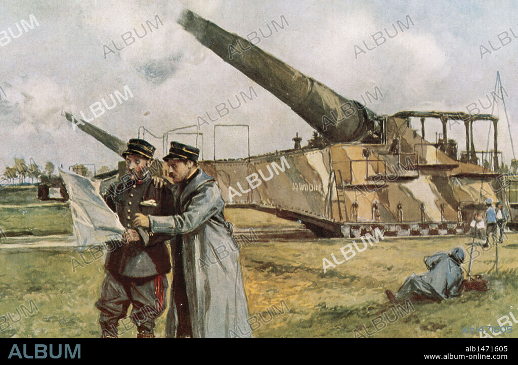 FRANÇOIS FLAMENG. PRIMERA GUERRA MUNDIAL (1914-1918). "BATALLA DE SOMME" (1 de julio al 15 de noviembre de 1916). Desarrollada en un frente de unos 30 Km. a ambos lados del río Somme entre el ejército alemán y las tropas francobritánicas. Fue la primera vez en la historia militar que se utilizaron tanques. "BATERIAS DE 400 MM. EN ACCION". Acuarela de la época.