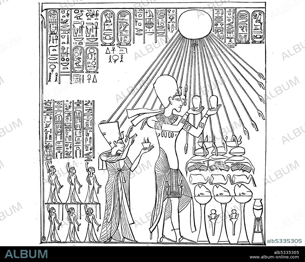Akhenaten, Amenophis IV, Amenhotep IV, Achenaton, an ancient Egyptian king, pharaoh of the 18th dynasty, here at a sacrifice to the sun  /  Echnaton, Amenophis IV., Amenhotep IV., Achenaton, ein altägyptischer König, Pharao der 18. Dynastie, hier bei einem Opfer für die Sonne, Historisch, historical, digital improved reproduction of an original from the 19th century / digitale Reproduktion einer Originalvorlage aus dem 19. Jahrhundert,.