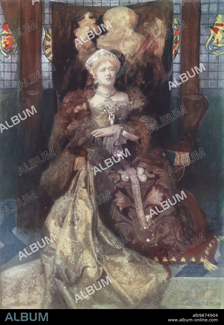 Miss Ellen Terry as Queen Katherine of Aragon in William Shakespeare's Henry VIII, in a costume designed by Sir Henry Irving for the production at the Lyceum, 1892. Dame Alice Ellen Terry, leading English actress of the Victorian and Edwardian eras, 1847-1928. Photograph by Window and Grove (Frederick Richard Window and William Henry Grove). Colour printing of a hand-coloured illustration based on a monochrome photograph from George Newness Players of the Day, London, 1905.