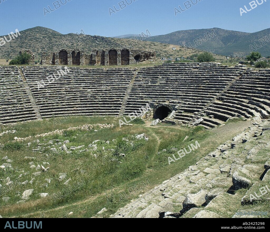 Turkey. Aphrodisias. Ancient Greek Classical city. The Stadium. It was built in the later 1st century AD. Originally designed for athletic contests. Panoramic view of the east end of the building, turned into an amphitheatre and arena specifically designed for Roman-style entertainments, ca. 400 AD.
