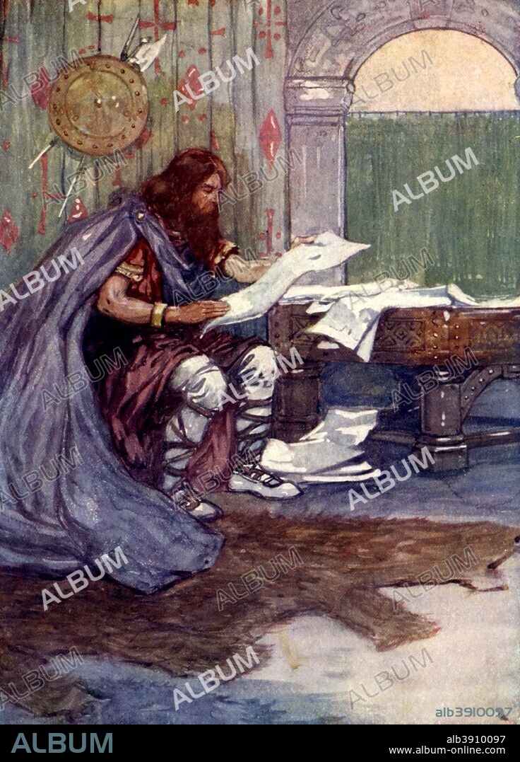 'Alfred found much pleasure in reading', 9th century, (1905). King Alfred the Great reading a book. Illustration from Our Island Story by H E Marshall, published by T C & E C Jack Ltd, (London and Edinburgh, 1905). The book gave a very biased and pro-British view of history.