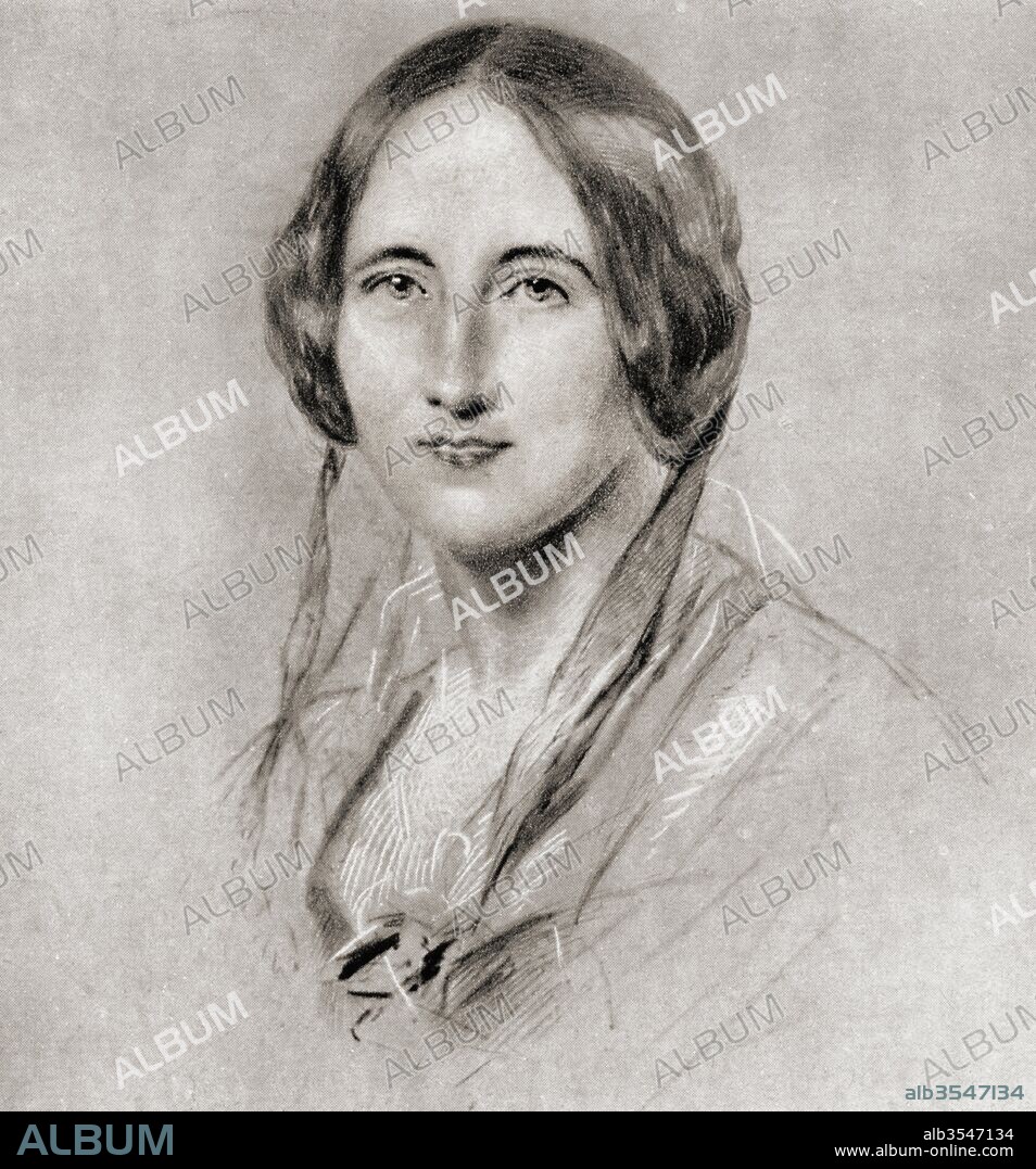 Elizabeth Cleghorn Gaskell, née Stevenson, 1810 — 1865, aka Mrs Gaskell. English novelist and short story writer during the Victorian era. After the drawing by George Richmond. From Impressions of English Literature, published 1944.