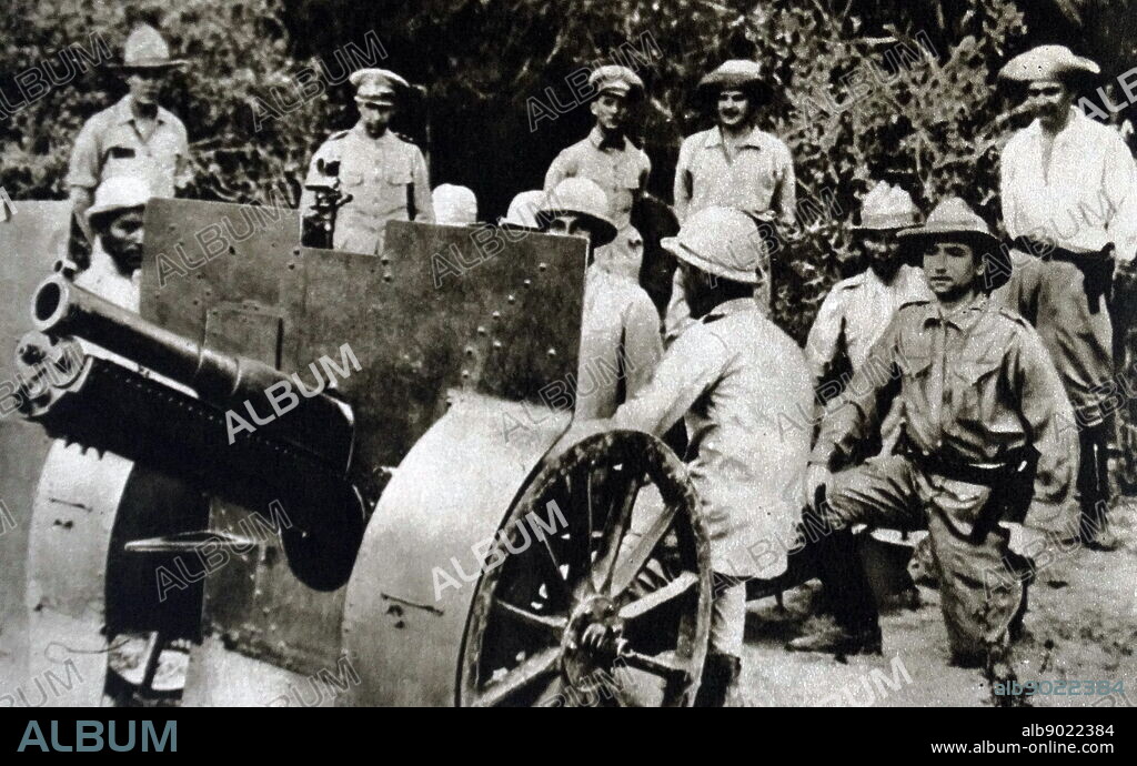 Paraguayan gun battery during the Chaco War (1932-1935; (Guerra del Chaco) fought between Bolivia and Paraguay over control of the northern part of the Gran Chaco region (known in Spanish as Chaco Boreal) of South America, which was thought to be rich in oil. It is also referred to as La Guerra de la Sed (Spanish for "The War of Thirst") in literary circles, for being fought in the semi-arid Chaco. It was the bloodiest military conflict fought in South America during the 20th century.