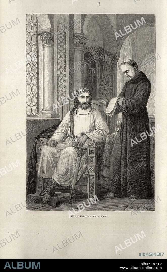 Charlemagne and Alcuin, Charlemagne and Alcuin, pl. 9, after p. 78 (vol. 2), Verhas, Jan, 1867, Louis Figuier: Savants du moyen âge. Geber, Mesué, Rhasès, Avicenne, Averroès, Abulcasis, Albert le Grand, Thomas d'Aquin, Roger Bacon, Vincent de Beauvais, Arnauld de Villeneuve, Raymond Lulle, Guy de Chauliac, Gutenberg, Fust et Schoeffer, Christophe Colomb, Amèric Vespuce. Paris: librairie internationale; à Bruxelles, à Leipzig & à Livourne, 1867.