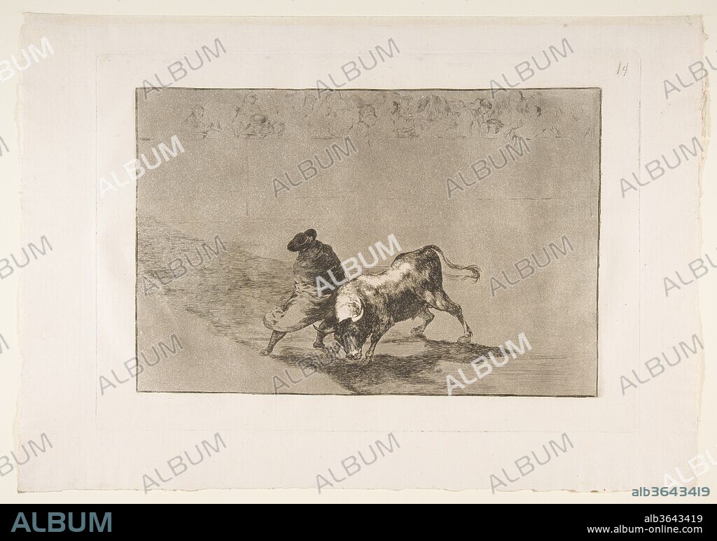 Plate 14 from the 'Tauromaquia': The very skillful student of Falces, wrapped in his cape, tricks the bull with the play of his body. Artist: Goya (Francisco de Goya y Lucientes) (Spanish, Fuendetodos 1746-1828 Bordeaux). Dimensions: Plate: 9 3/4 × 13 7/8 in. (24.7 × 35.2 cm)
Sheet: 11 15/16 × 17 3/16 in. (30.4 × 43.7 cm). Date: 1816.