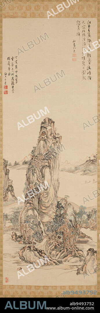 Duxiu Peak, 1827, Aoki Mokubei, Japanese, 1767 - 1833, 81 × 22 5/8 in. (205.74 × 57.47 cm) (without roller)47 1/2 × 16 3/4 in. (120.65 × 42.55 cm) (image), Ink and color on paper, Japan, 19th century, Japanese paintings of China often depict imagined locales, but this lone mountain peak rising dramatically at rivers edge is an actual place: Duxiufeng, or 'Solitary Beauty Peak,' on the banks of the Li River in south central China. In the late 1300s, this mountainwhich poets described as being so uniquely beautiful that no other mountain could comparewas chosen as the site for an enormous estate constructed for a prince under the first emperor of the Ming dynasty (13681644), the Hongwu emperor. Thereafter, generations of imperial princes called the palace home until the mid-1700s when the dynasty came to an end. Even today in China the site is commonly dubbed 'City of Princes.' The mountain, palace, and the sites 5,000-foot-long walls are all described in an inscription in the upper right of the painting by Rai Sany (17801832), a leading scholar in Japans capital of Edo (now Tokyo). Another inscription, at left, is by the painter himself, who records that he modeled this work after a Chinese painting he had seen in a friends collection.