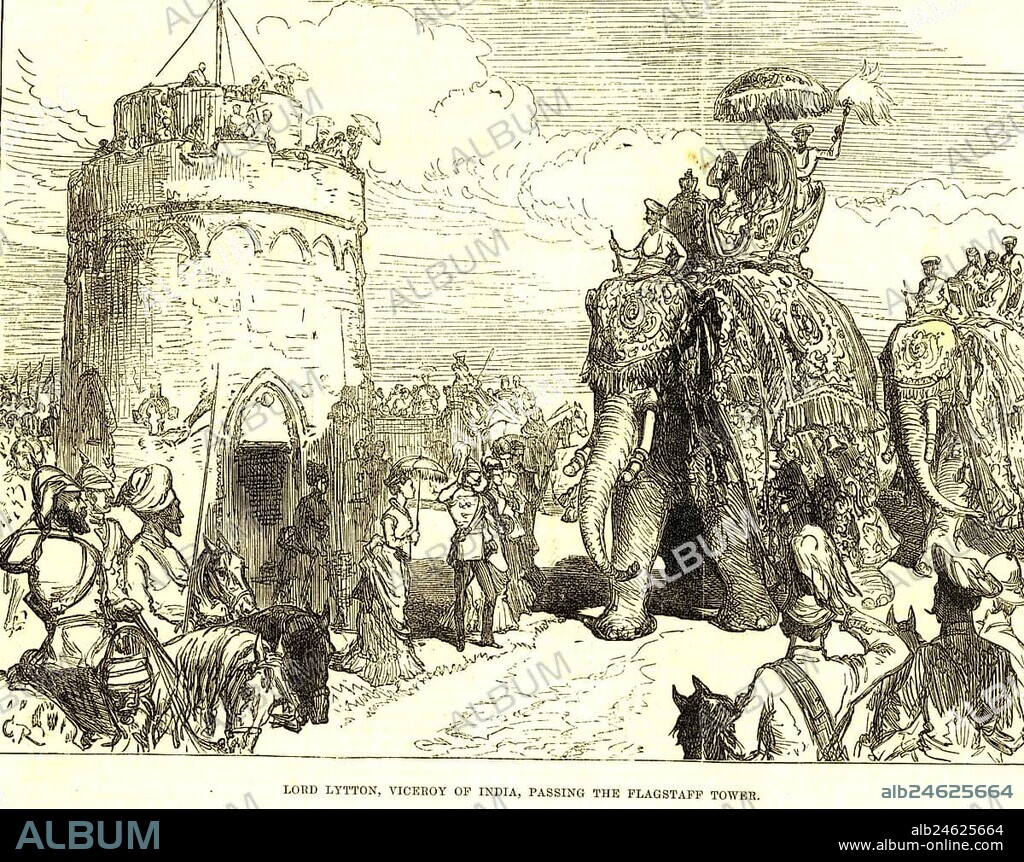Lord lytton, viceroy of India, passing the flagstaff tower, Delhi, India