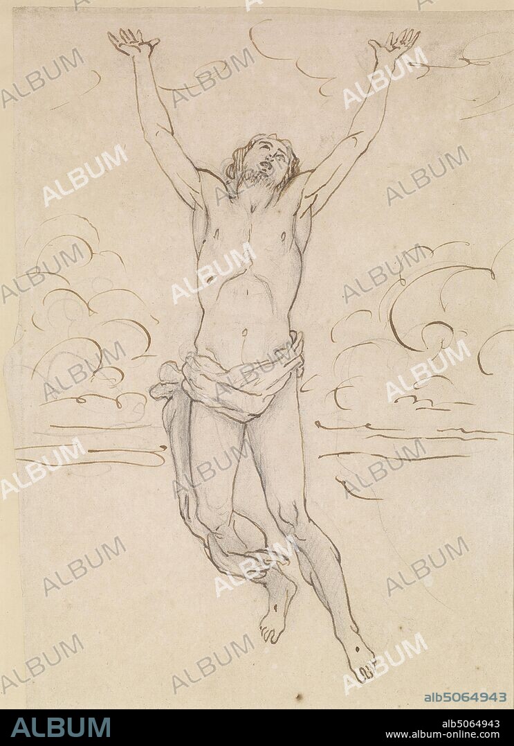 The Ascension, Study for the Figure of Christ, 1843-45 Ford Madox Brown, Art Movement, Pre-Raphaelite, Drawing, Ink, Pencil, Jesus, Sketch, Nude, Male, Religion, Jesus Christ, Bearded, Full-length, Study, Pen.