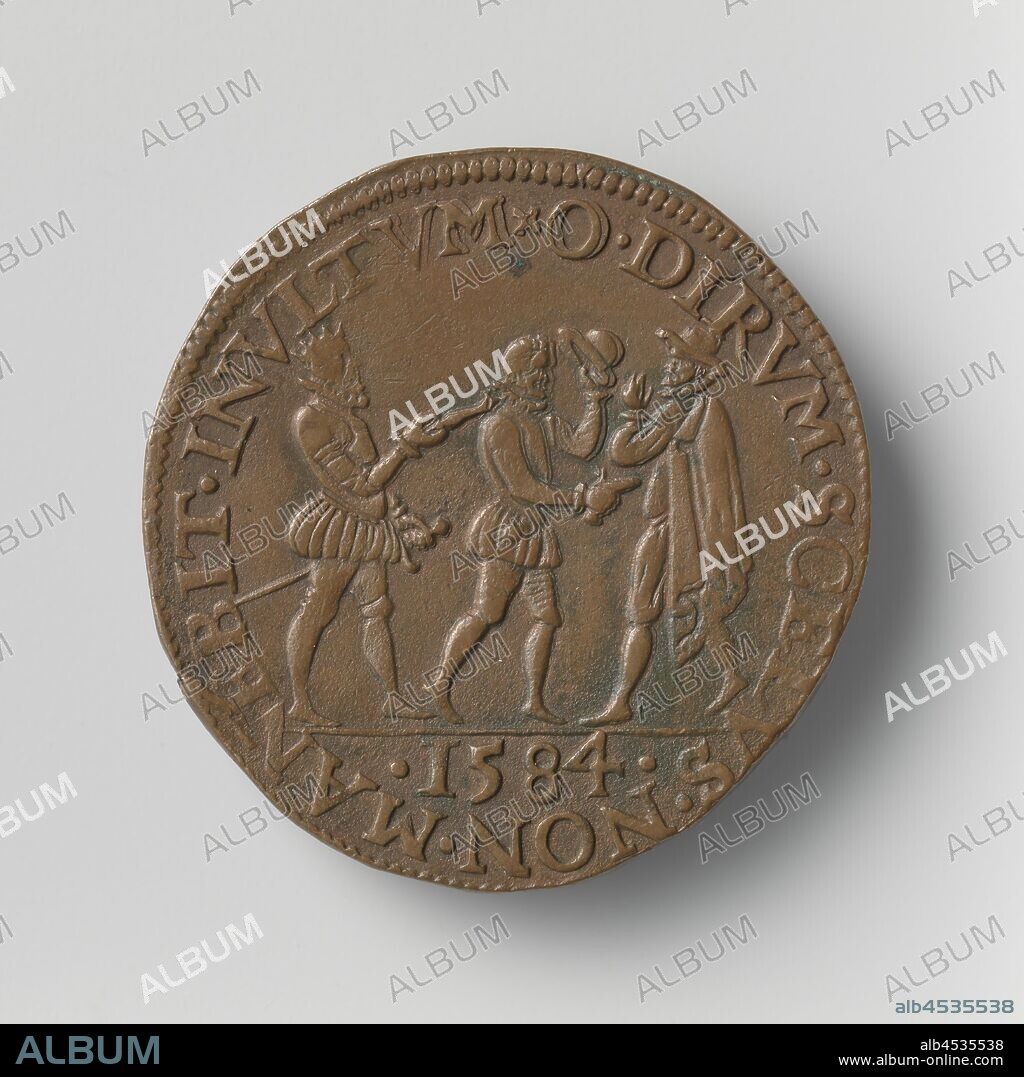 Murder of William I, Prince of Orange-Nassau, by Balthasar Gerard in Delft, Copper Medal. Front: Gerard takes the hat off for Prince of Orange, while he shoots him in the head, left: Philip II, who encourages a murderer within a cover, cut: year. Reverse: shepherd gets bitten by throat, while herding his sheep above inscription inside, Prinsenhof, Willem I (Prince of Orange), Balthasar Gerards, Philip II (King of Spain), Gerard van Bylaer, Dordrecht, 1584, copper (metal), striking (metalworking), d 3 cm × w 5.37 gr.