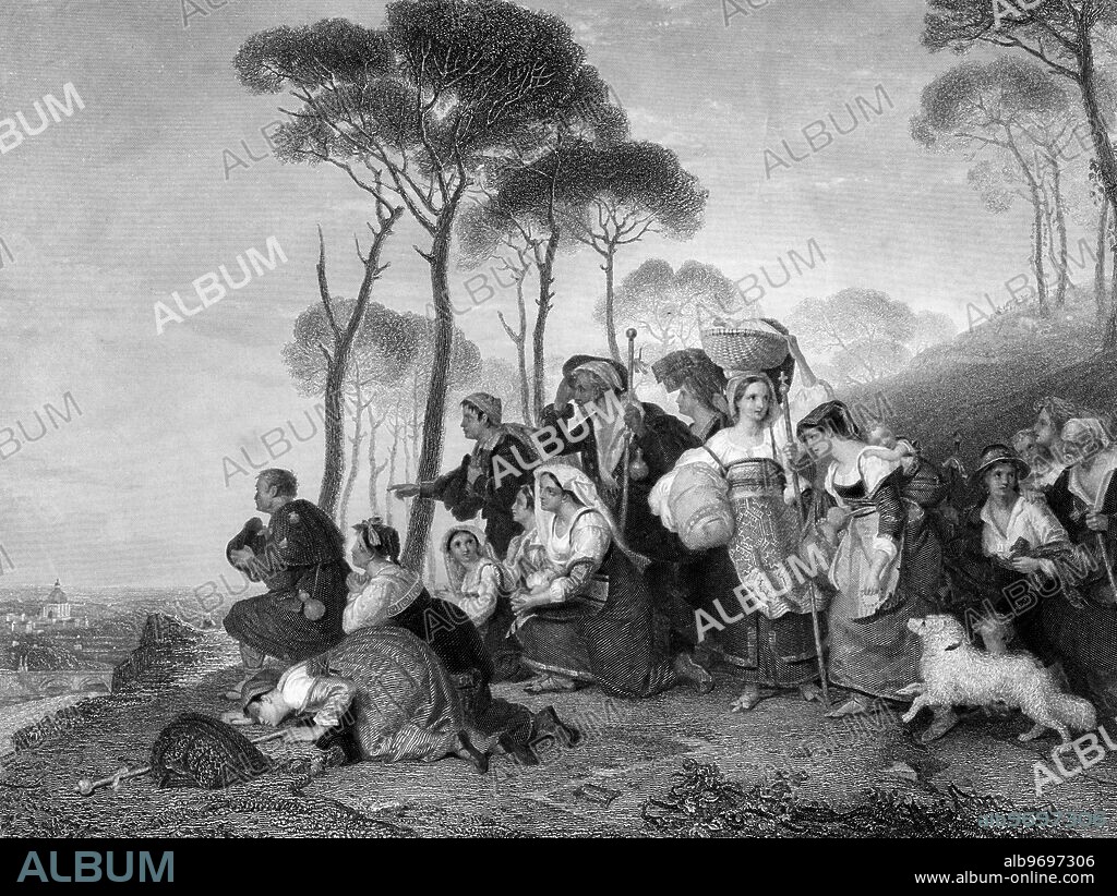 Pilgrims in sight of Rome - engraved by C. W. Sharpe, from a painting by Charles Lock Sir Eastlake R.A.1827 in the collection of George Vivian, Esq., of Claverton. ©TopFoto.