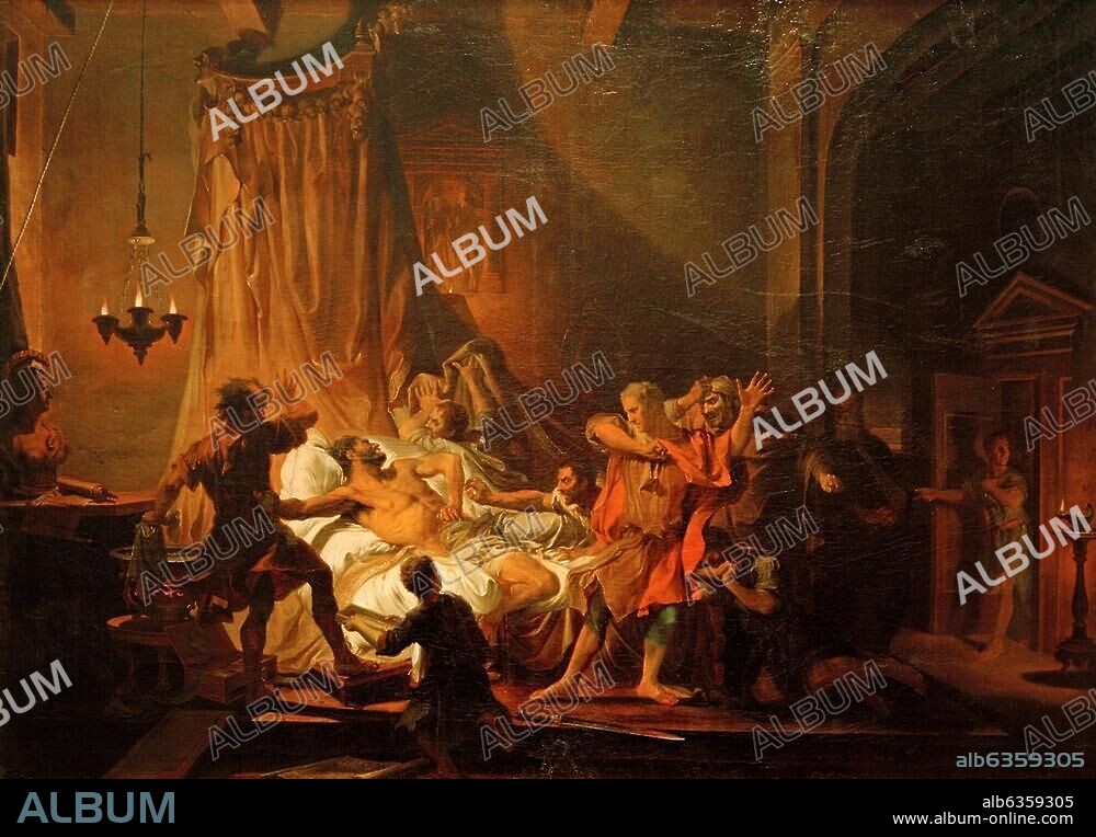 Cato, Marcus Porcius, d. J.; röm. Staatsmann; 95 - Utica 46 v. Chr. "Der Tod des Cato". (Selbstmord des Cato). Gemälde, um 1687, von Jean-Baptiste Corneille (1649-1695). Öl auf Leinwand, 158 × 216 cm. Inv. Nr. 1774.