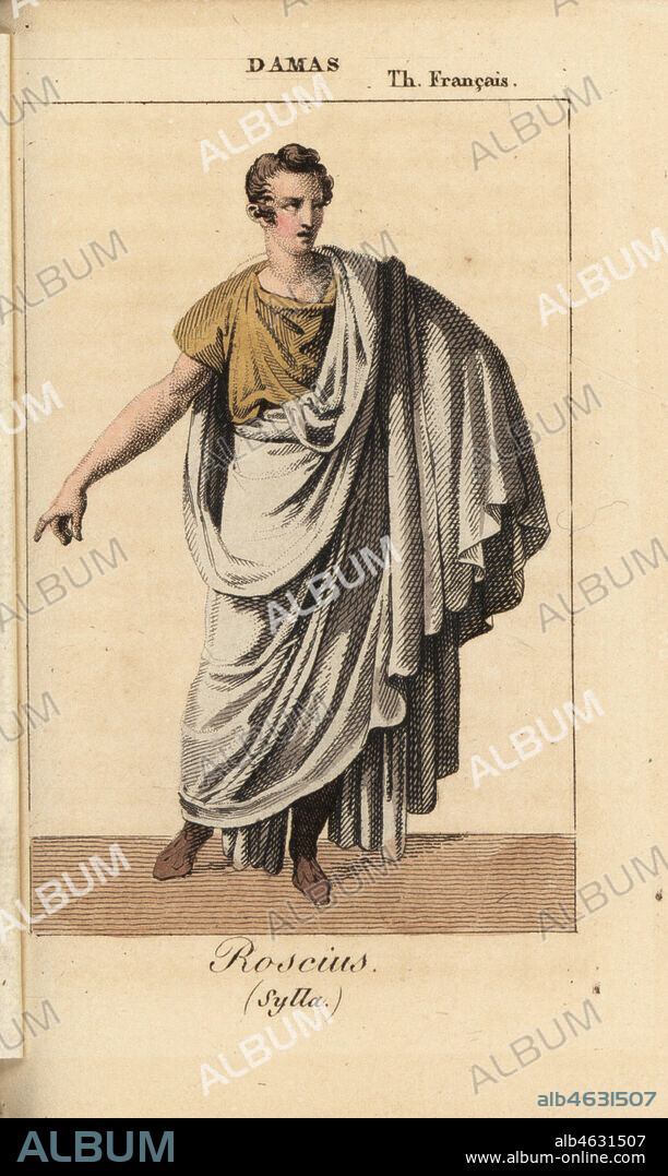 French actor Alexandre Damas as Roseus in the tragedy Sylla by Jouy at the Theatre Francais, 1822. Handcoloured copperplate engraving from Charles Malo's Almanach des Spectacles par K. Y. Z, Chez Louis Janet, Paris, 1823.