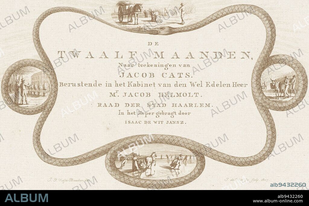 A cartouche consisting of a snake biting its own tail as a symbol of eternity, containing nine lines of text. Around it four images with different seasons, Cartouche of a snake biting its tail The twelve months , print maker: Izaak Jansz. de Wit, (mentioned on object), intermediary draughtsman: Joannes Pieter Visser Bender, (mentioned on object), Haarlem, 1807, paper, etching, h 202 mm × w 235 mm.