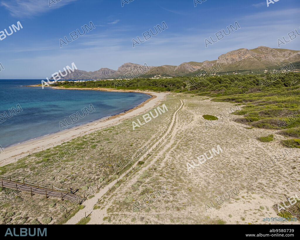 wooden path to protect the dunes, Arenal de sa Canova, Artà - Santa Margalida, Natural Area of Special Interest, Mallorca, Balearic Islands, Spain.
