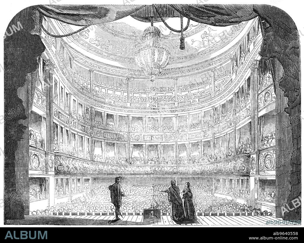The Royal Italian Opera, Lyceum, 1856. London stage production. 'The opera was the "Trovatore,"...The gipsy Azucena, the real heroine of the piece, was personated by Mdlle. Didiee...In the part of Leonora, Madame Jenny Ney even deepened the impression which she made last year...Since Mr. Gye has obtained the occupation of the Lyceum Theatre he has done wonders in its renovation. The whole aspect of its interior has been changed...The whole of the front of the boxes has undergone complete regilding and painting...All the original boxes have been divided into three by a slender partition...The small chandeliers...have been removed, and a central chandelier of ample dimensions substituted: it has been supplied by Kirby, of Greek-street. The decoration of the house is by Ponsonby, of Piccadilly...'. From "Illustrated London News", 1856.