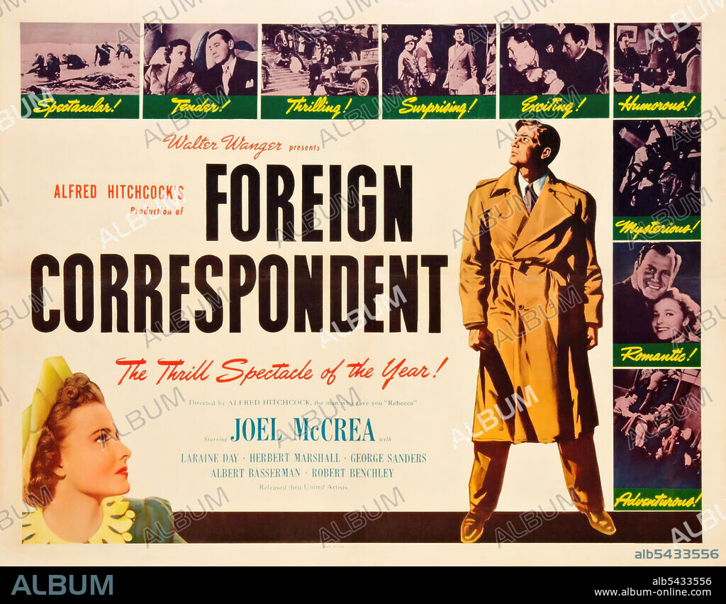 Poster de ENVIADO ESPECIAL, 1940 (FOREIGN CORRESPONDENT), dirigida por ALFRED HITCHCOCK. Copyright UNITED ARTISTS.