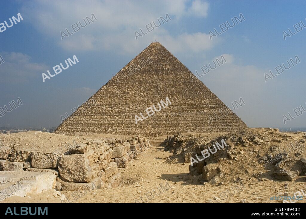 Egypt. The Great Pyramid of Giza, called the Pyramid of Khufu and the Pyramid of Cheops. Is the oldest and largest of the three pyramids in the Giza Necropolis. Tomb of the fourth-dynasty pharaoh Khufu. Is believed it was constructed by the architect Hemiunu (fl. 2570 BC). 26th century B.C. Old Kingdom.