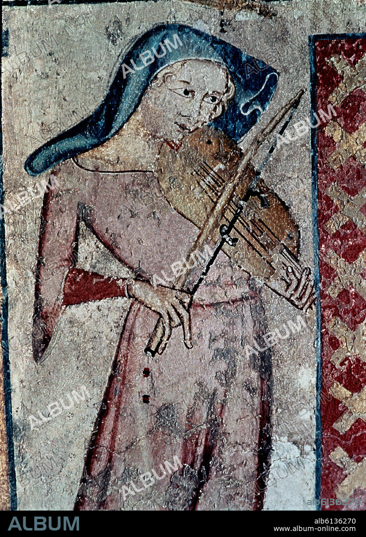 JUAN OLIVER. MURAL PASION-DET TOCADORA DE FIDULA-1330-ARTE GOTICO-PROC REFECTORIO CATEDRAL PAMPLONA.