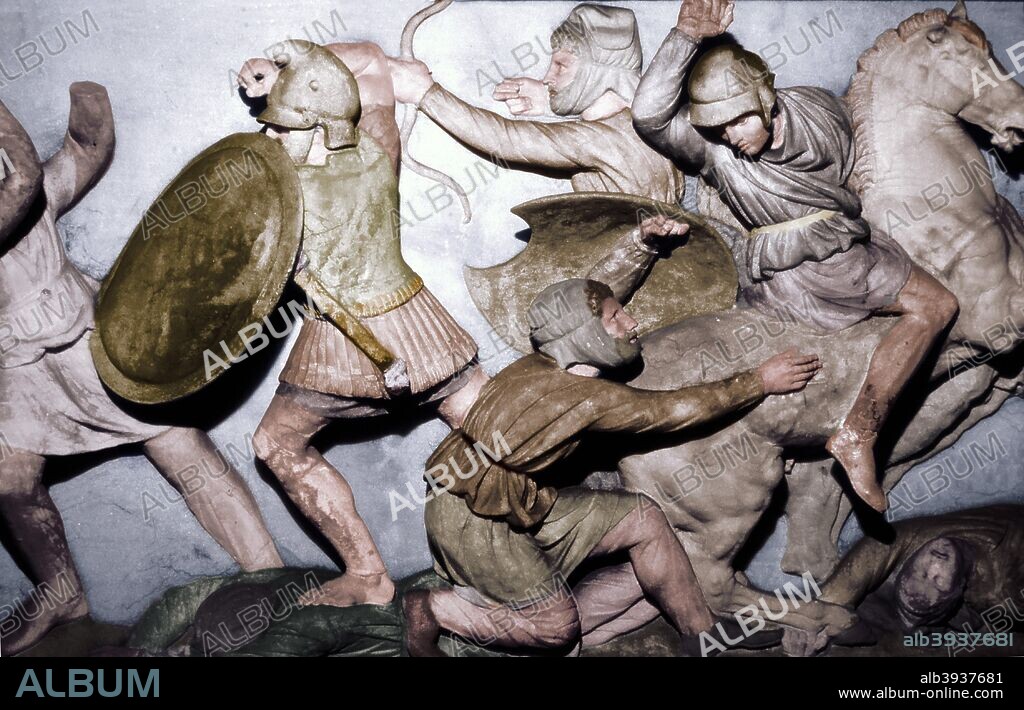 Greeks fight Persians, the Alexander Sarcophagus, Sidon, 4th century BC, (20th century).   The Alexander Sarcophagus is a late 4th century BC Hellenistic stone sarcophagus adorned with bas-relief carvings of Alexander the Great and his wars, held in the  Archaeological Museum, Istanbul. (Colorised black and white print).