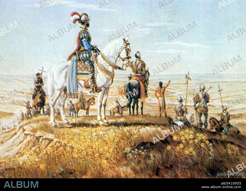 Francisco Vázquez de Coronado y Luján (1510 - September 22, 1554) was a Spanish conquistador and explorer who led a large expedition from Mexico to present-day Kansas between 1540 and 1542. Vázquez de Coronado had hoped to reach the Cities of Cíbola, often referred to now as the mythical Seven Cities of Gold. His expedition marked the first European sightings of the Grand Canyon and the Colorado River, among other landmarks. His name is often Anglicized as Vasquez de Coronado or just Coronado. He died of an infectious disease at the age of 43/44. No artist credited, undated (cropped and cleaned).