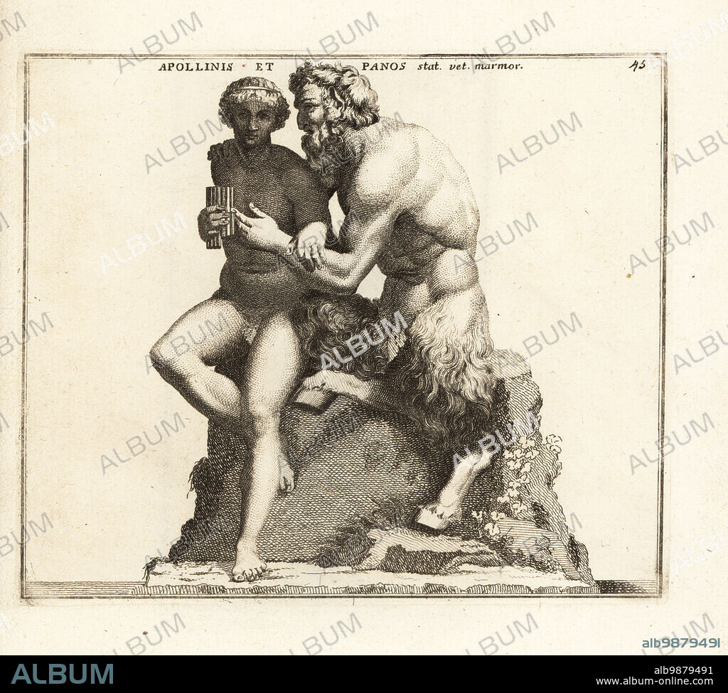 Statue of Roman god Pan and the shepherd Daphnis. Also identified as Pan and Apollo, Marsyas and Olympos, Satyr and Boy. From the Farnese collection, now in the National Museum at Naples. Apollinis et Panos statua vetus marmorea. Copperplate engraving by Giovanni Battista Cannetti from Copperplates of the most beautiful ancient statues of Rome, Calcografia di piu belle statue antiche a Roma, engraved by Cannetti all'Arco della Ciambella, published by Gaetano Quojani, Rome, 1779.