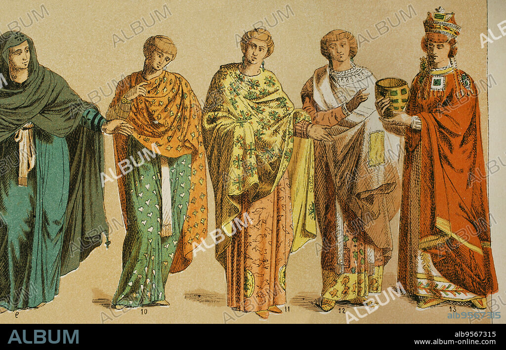 Imperio Romano de Oriente. Bizantinos (400-600). De izquierda a derecha: 9- traje femenino con estola o túnica larga, 10, 11 y 12- trajes femeninos más elegantes con túnica larga, 13- traje de emperatriz. Cromolitografía. Historia Universal, por César Cantú. Tomo III, 1882.