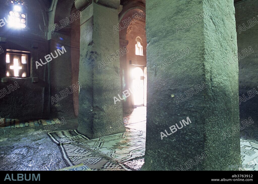 Interior of Christian church of Bieta Medani Alem (Bieta Medhane Alem) , Lalibela, UNESCO World Heritage Site, Wollo region, Ethiopia, Africa.