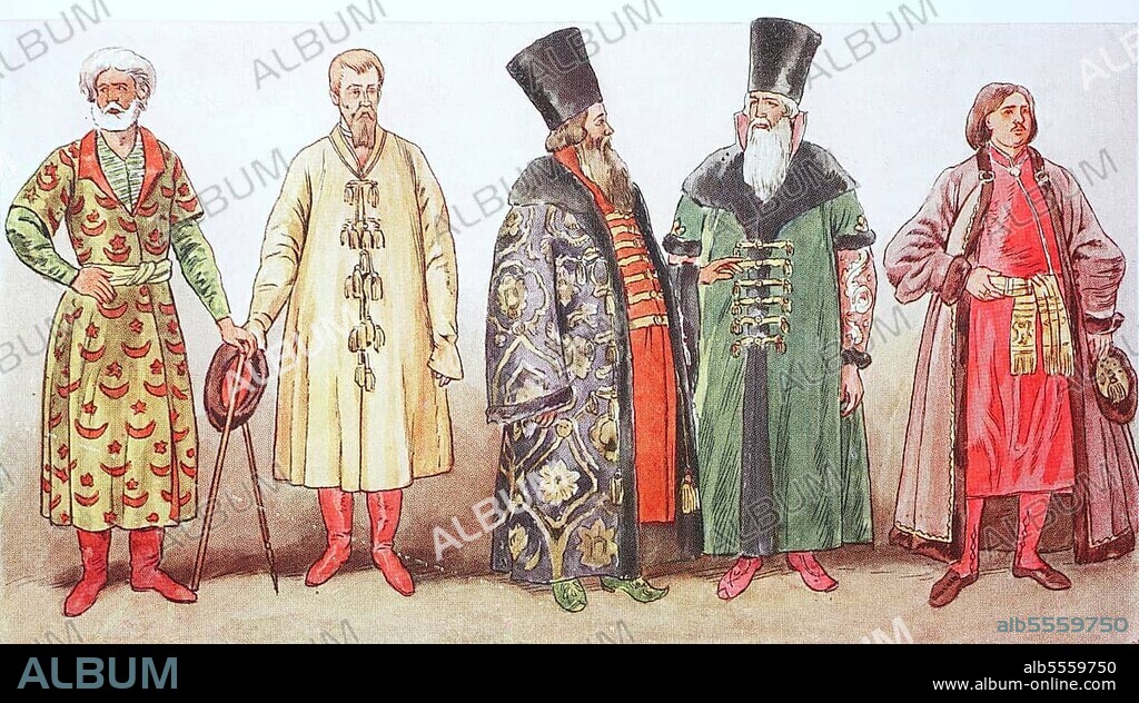 Fashion, clothing in Russia in the 16th 17th century, from left, a boyar in field dress c. 1600, tsar in house style c. 1550, two boyars in the 16th century and a boyar in the 17th century, digital improved reproduction after an original from 1900