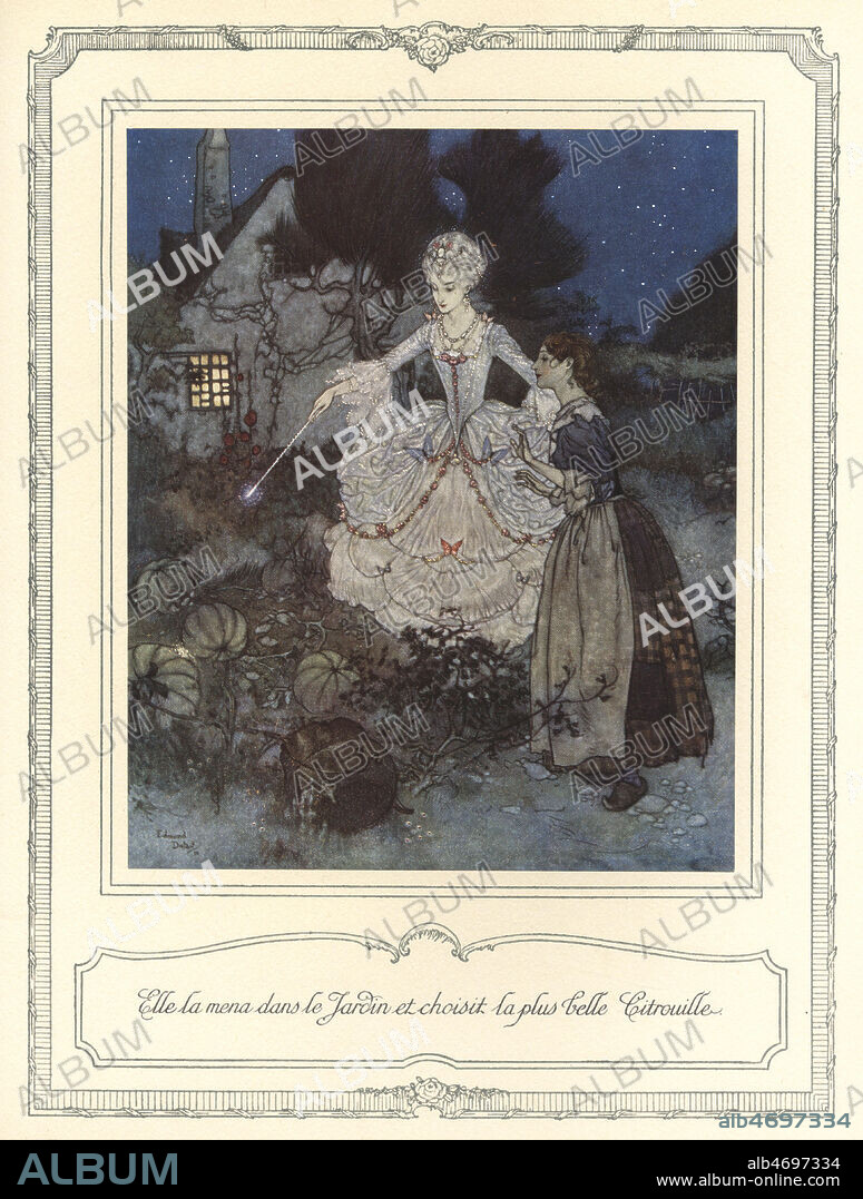 Cendrillon et sa marraine fee choisissent une citrouille dans le jardin. CENDRILLON ou la petite pantoufle de vair, Conte de PERRAULT, illustre par Edmond DULAC (1882-1953 = ADAGP), "La Belle au Bois dormant et autres contes de jadis". Editions d'Art Piazza, 1910. Credit : Collection KHARBINE TAPABOR.