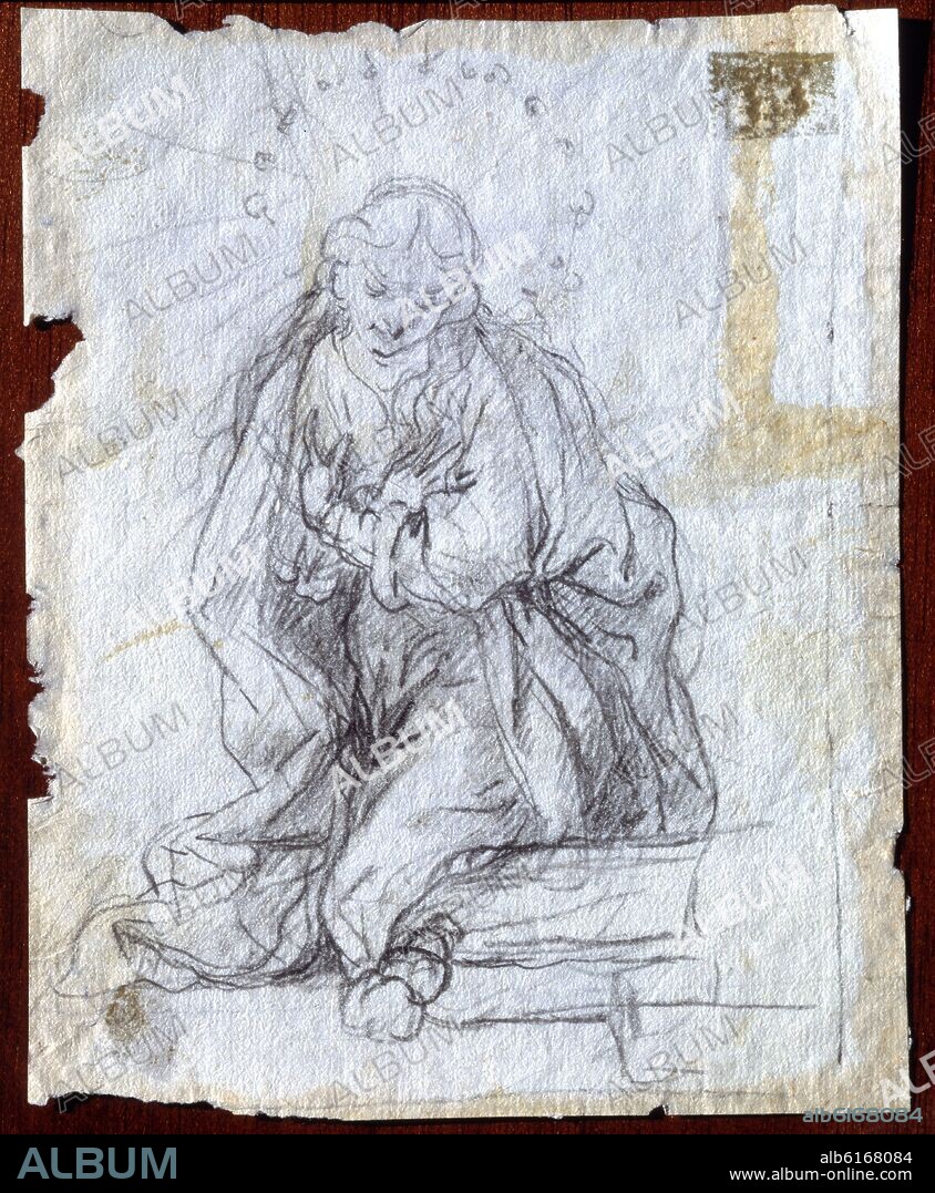 JACINTO MELENDEZ MIGUEL (1679-1731). VIRGEN-DIBUJO PREPARATORIO PARA LA ANUNCIACION DEL MUSEO SAN FRANCISCO - SIGLO XVIII.