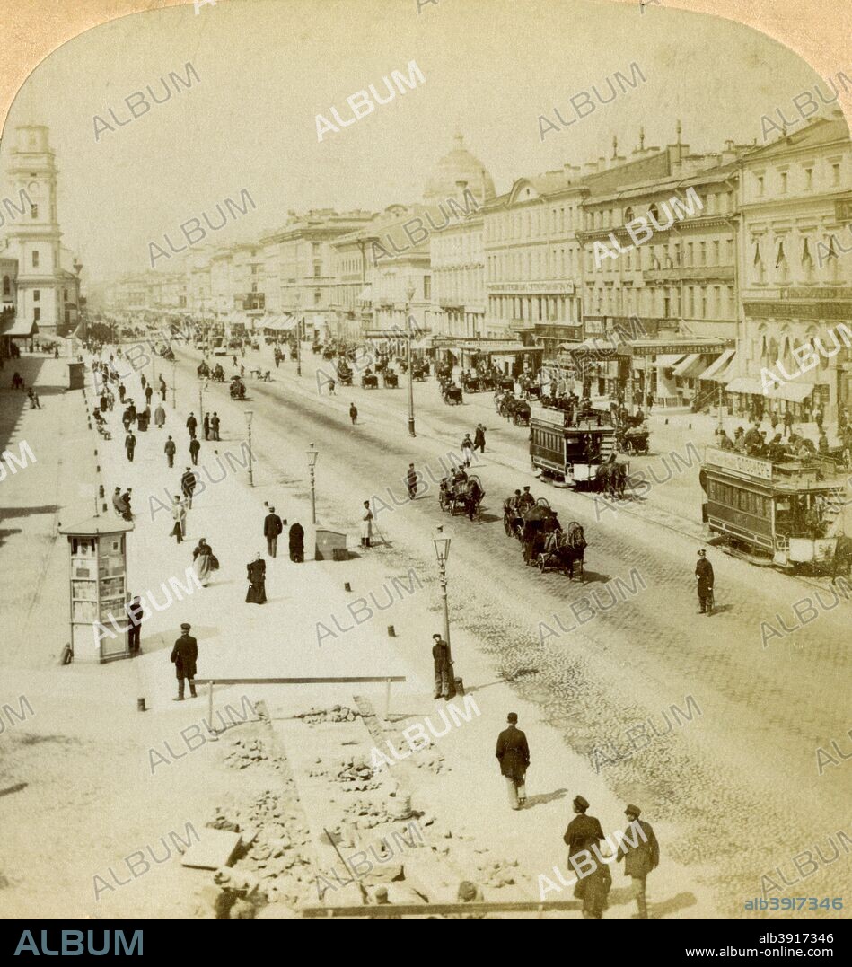 Nevsky Prospekt, the principal street of St Petersburg, Russia, 1897. Looking east. Detail from a stereoscopic card.