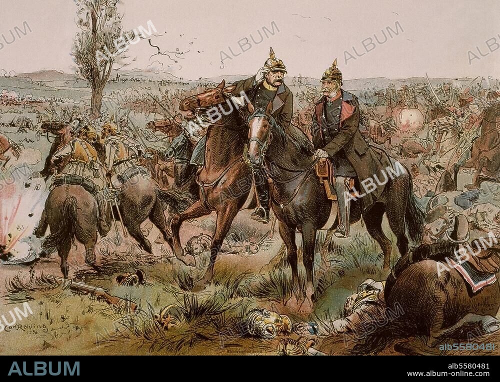 CARL RÖHLING. Bismarck, Otto von Staatsmann, Reichskanzler 1815-1898. "In der Schlacht bei Königgrätz". 3.7.1866: mit König Wilhelm I. im Granatfeuer.). Farbdruck von Carl Röhling. Aus: R.Hoffmann, Otto von Bismarck, Berlin 1897.