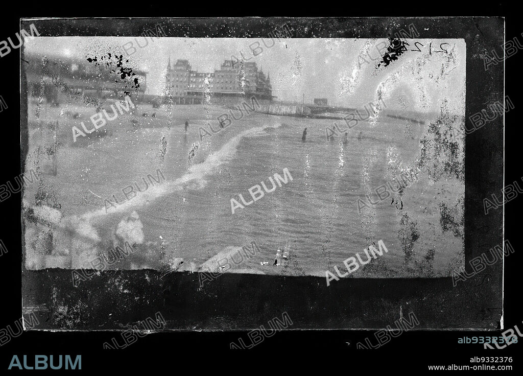 Manhattan Beach, Coney Island, Brooklyn, George Bradford Brainerd, American, 1845-1887, Dry negative plate, ca. 1872-1887, 19th century, American, beach, beach goers, Brooklyn, damaged media, historic Brooklyn, old Brooklyn, pier, shore, waterfront.