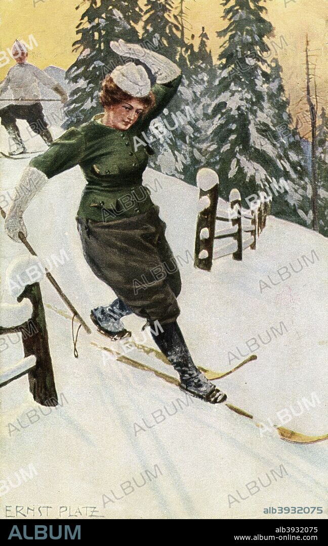 Woman skiing, late 19th or early 20th century. Ernst Platz (1867-1940) was a German mountaineer and painter of Alpine scenes.