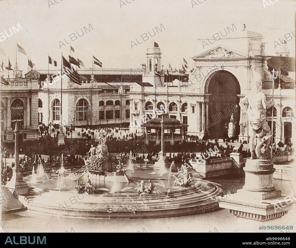 The MacMonnies Fountain and the Electricity Building at the World's Columbian Exposition world's fair, Chicago, Illinois, 1893.