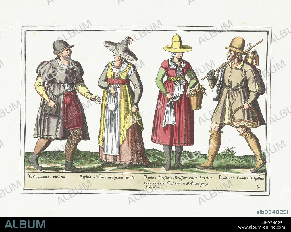 Two peasants and two peasant women dressed according to the Italian fashion, ca. 1580, Costumes Italiens (title on object), Two peasants and two peasant women dressed according to the Italian fashion, ca. 1580. Part of the series Habitus Variarum Gentium, costume prints in facsimile, planche 30., print maker: anonymous, Abraham de Bruyn, print maker: Belgium, publisher: Brussels, 1872 - 1875, paper, height 274 mm × width 360 mm.