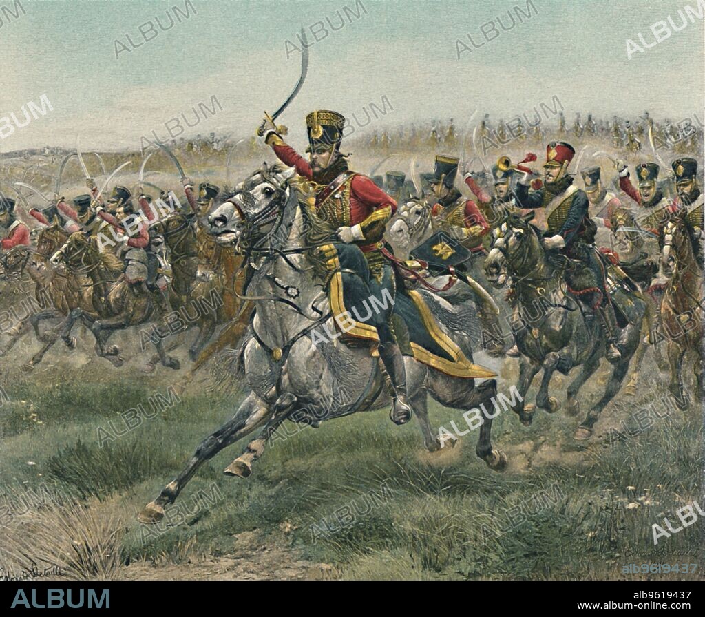 Vive L'Empereur!, 1807, (1896). The cavalry charge of the 4th Hussars during the Battle of Friedland, 14 June 1807. Typogravure after the painting made in 1891 by Edouard Detaille. From Life of Napoleon Bonaparte, Volume III, by William Milligan Sloane. [The Century Co., New York, 1896].
