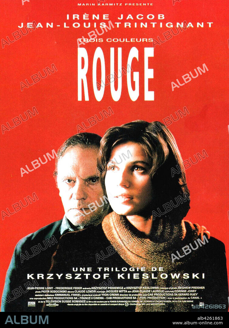 Poster de TRES COLORES: ROJO, 1994 (TROIS COULEURS: ROUGE), dirigida por KRZYSZTOF KIESLOWSKI. Copyright CAB PRODUCTIONS/FRANCE 3 CINEMA/TSR/CANAL +.