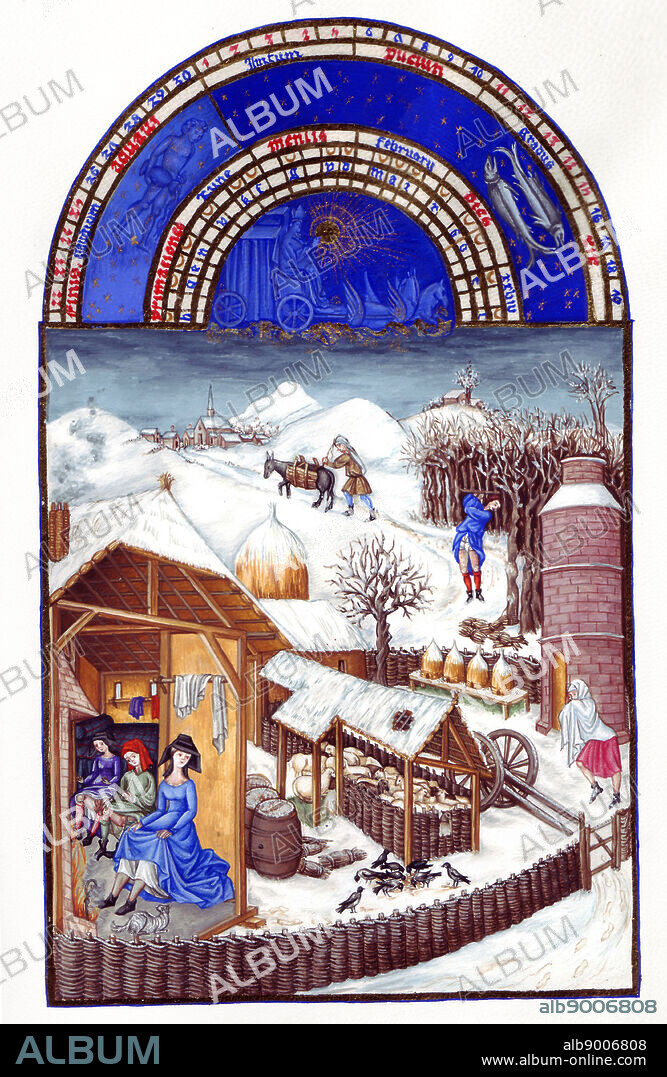 'The Très Riches Heures du Duc de Berry Is a French Gothic illuminated manuscript. The Très Riches Heures is a prayer book created for John, Duke of Berry, by the Limbourg brothers between 1412 and 1416. The book was completed by Jean Colombe between 1485 and 1489. The manuscript is held at the Musée Condé, Chantilly, France. this folio (February)shows a fenced-in farm with a house, a barn beehives and a dovecote. Inside the house, a woman and two young men warm themselves in front of a fire. Outside, a man with bundles of sticks at his feet cuts down a tree with an axe.'.