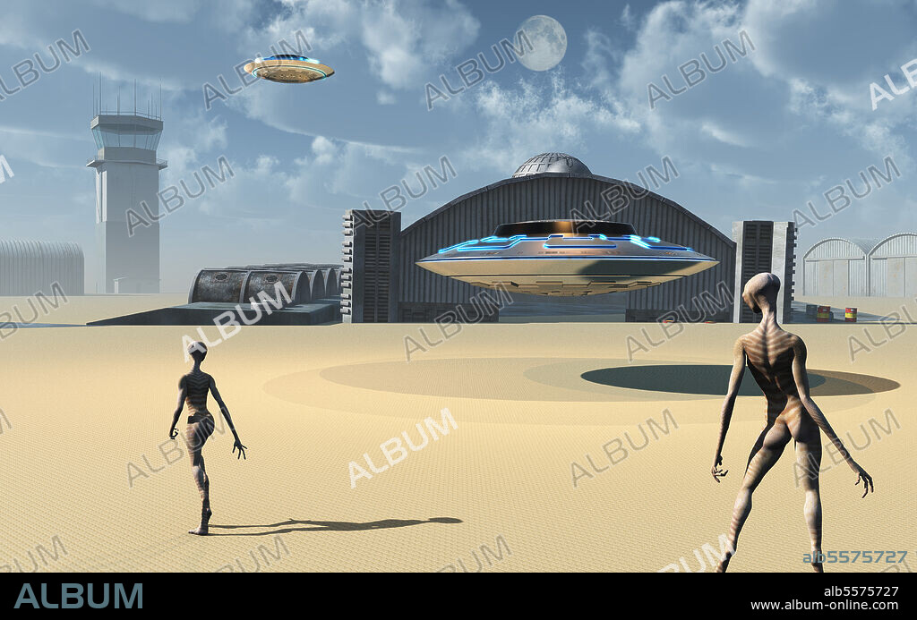 Alien reptoids and their flying saucers at Area 51, a top secret base in Nevada, USA.