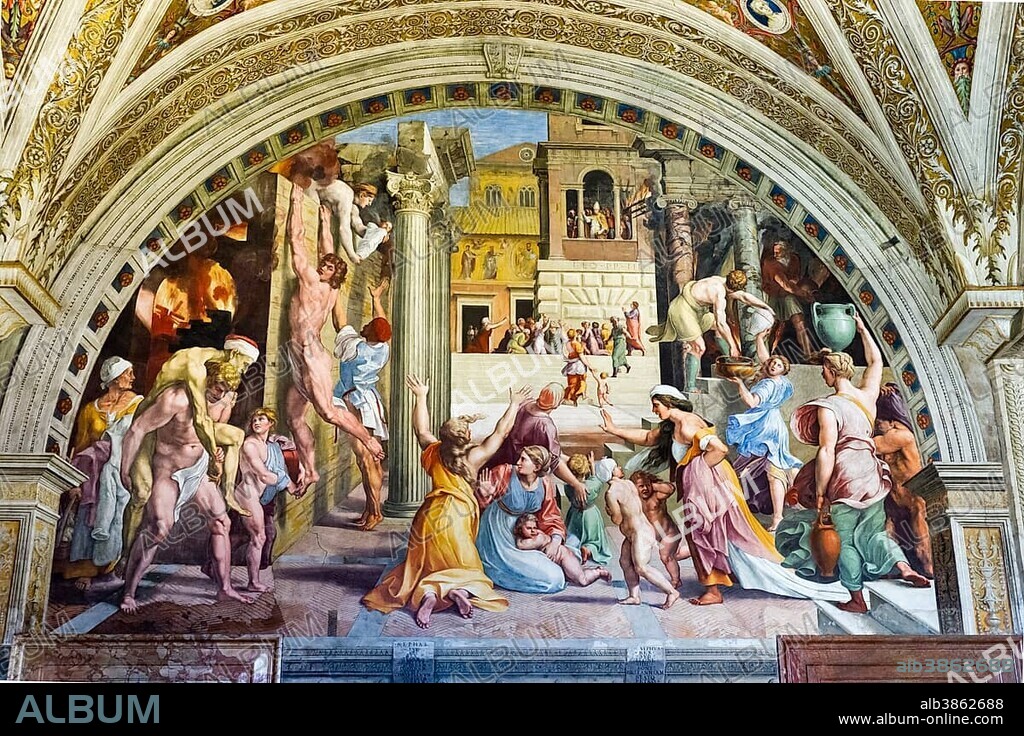 L'incendio di Borgo, Fire in the Borgo, Stanza dell' Incendio, Stanze di Raffaello, Raffaello Santi and Giulio Romano, 1514-1517, Vatican Museums, Vatican, Rome, Lazio, Italy, Europe.