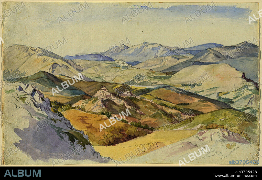 LUDWIG DEURER. The Sabine Hills and Rocca Santo Stefano Seen from Civitella. Dated: 1835. Dimensions: sheet: 28.3 x 44.5 cm (11 1/8 x 17 1/2 in.). Medium: watercolor over graphite on wove paper.