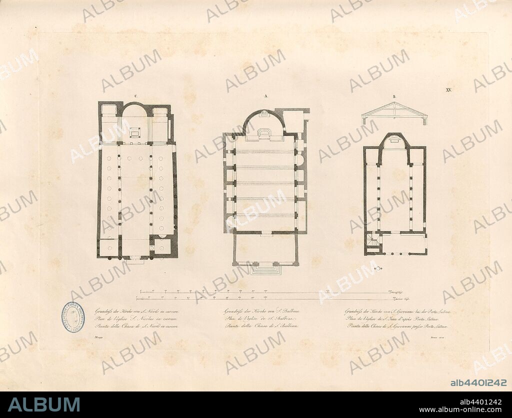 Floor plan of the church of S. Nicolo in carcere, plan of the church of S. Balbina, plan of the church of S. Giovanni at the Porta Latina, Plans of the San Nicola churches in Carcere, Santa Balbina all'Aventino and San Giovanni a Porta Latina, Signed: M. Knapp, Taf. XV, after p. 6, Knapp, I. M. (dis.), Christian Karl Josias von Bunsen: Die Basiliken des christlichen Roms: nach ihrem Zusammenhange mit Idee und Geschichte der Kirchenbaukunst. Bd. 2. München: Literarisch-artistische Anstalt der J. G. Cotta'schen Buchhandlung, [1824].