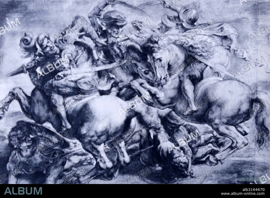 Drawing after Leonardo's cartoon for the Battle of Anghiari by Peter Paul Rubens (1577-1640) a Flemish Baroque painter. Dated 17th Century.
