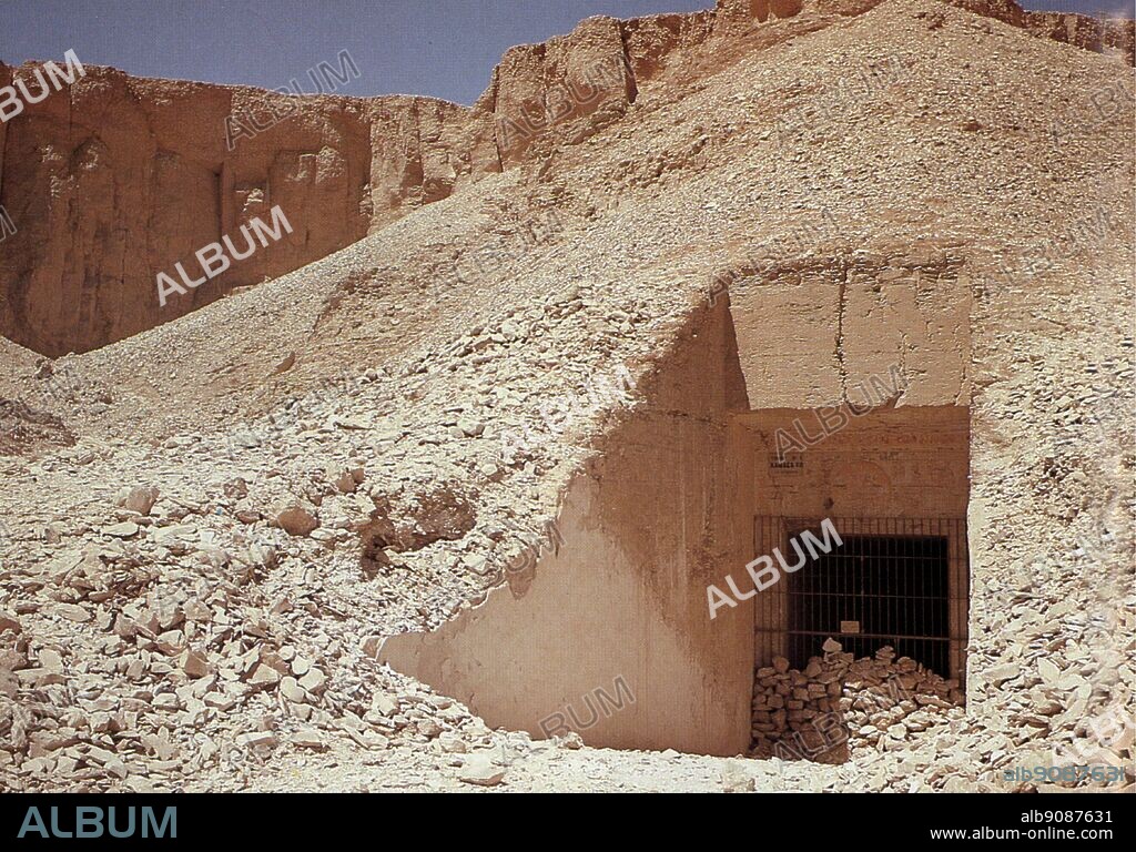 Entrance to the tomb of Ramesses VII (1136-1129 BC). Ramesses VII (also written Ramses and Rameses) reigned from 1134 BC to 1126 BC. He was the sixth pharaoh of the 20th dynasty of Ancient Egypt and son of Ramesses VI. He was buried in KV 1 upon his death, however no mummy was discovered. Valley of the Kings by John Romer, page 27.