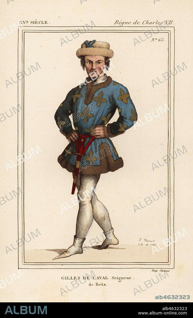 Gilles de Laval, Baron de Rais, seigneur de Retz, marechal de France, serial killer of children, 1396-1440. Handcoloured lithograph by Leopold Massard after a manuscript in the Bibliotheque Nationale from Le Bibliophile Jacob aka Paul Lacroix's Costumes Historiques de la France (Historical Costumes of France), Administration de Librairie, Paris, 1852.