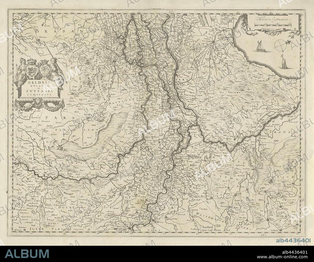 Map of Gelderland and Zutphen, Geldria dvcatvs, et Zvtfania comitatvs (title on object), Map of the duchy of Gelderland and the county of Zutphen on a scale of 1: 550 000 with the north on the right. On the left a cartouche with the title above it, the arms of Gelderland and Zutphen, flanked by two tenants. Above right the Zuiderzee with two sailing ships, a compass rose and a scale in German miles, maps of separate countries or regions, Gelderland, Zutphen, Willem Janszoon Blaeu (mentioned on object), 1630 - 1631, paper, engraving, h 384 mm × w 503 mm.