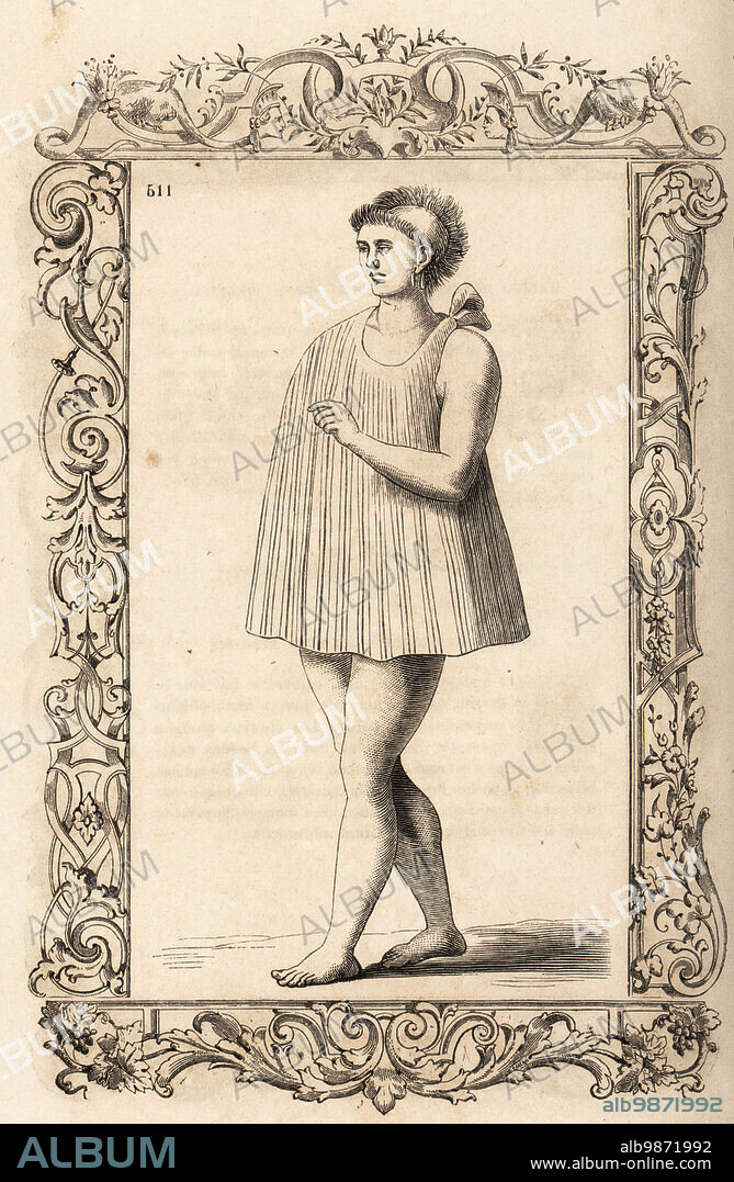 Religious man or shaman of the Algonquin town of Secota (Secotan, North Carolina). An Indian priest; hair partly shaven with roach, wearing tunic. Costumes des pretres Secotiens de lile Virginie. Adapted from an engraving by Theodor de Bry after a portrait by John White. Within a decorative frame engraved by H. Catenacci and Fellmann. Woodblock engraving by Gerard Seguin and E.F. Huyot after Christoph Krieger from Cesare Vecellios Costumes anciens et modernes, Habits antichi et moderni di tutto il mondo, Firman Didot Ferris Fils, Paris, 1859-1860.